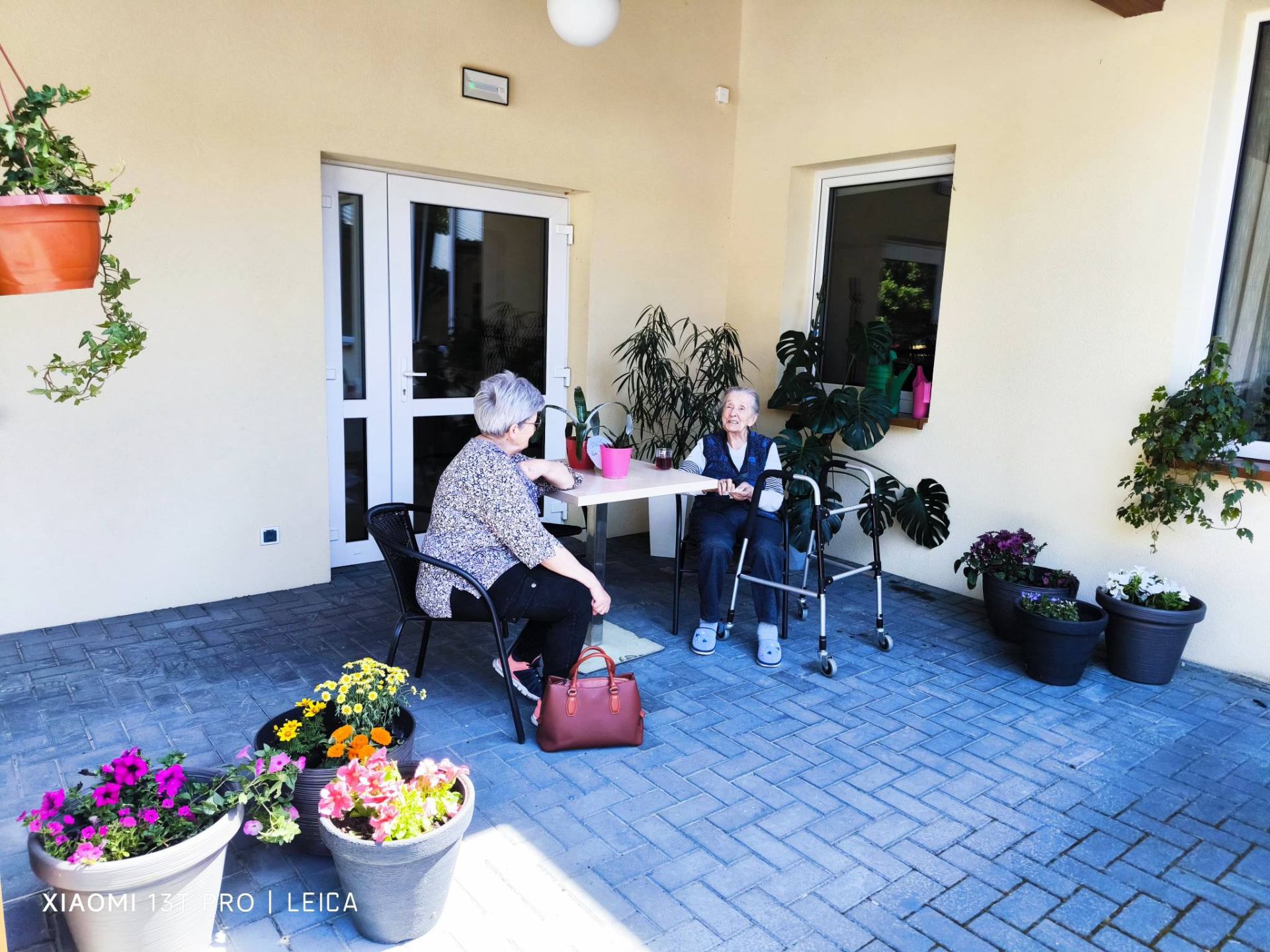 Rozmowa przy stoliku na tarasie wśród kwiatów